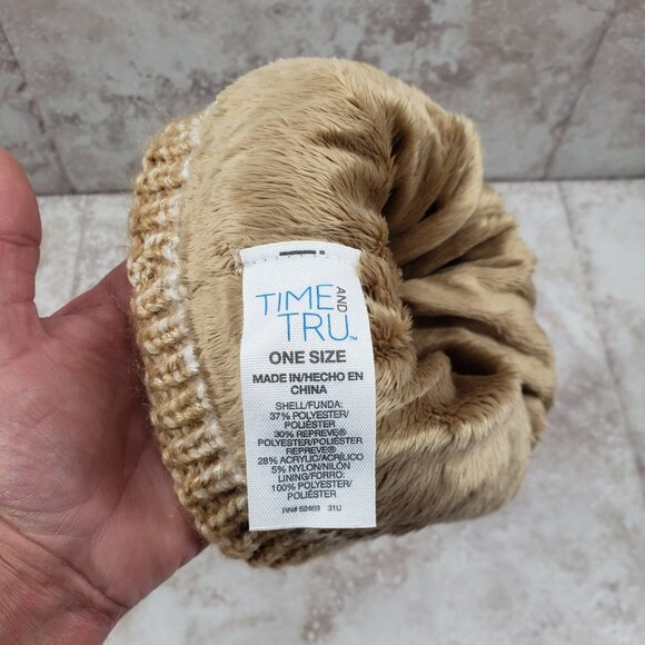 Beanie Brown Acorn Cuffed Fleece Lined No Pom Striped Toboggan Time & Tru OS - Picture 3 of 7